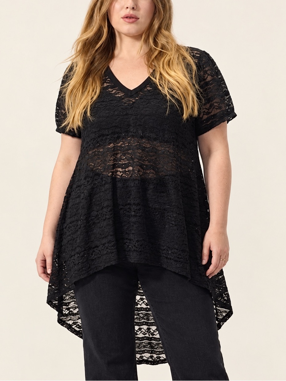 Torrid Black All over Lace V-Neck Tunic Dress Top Size 2X Short Sleeve V-Neck